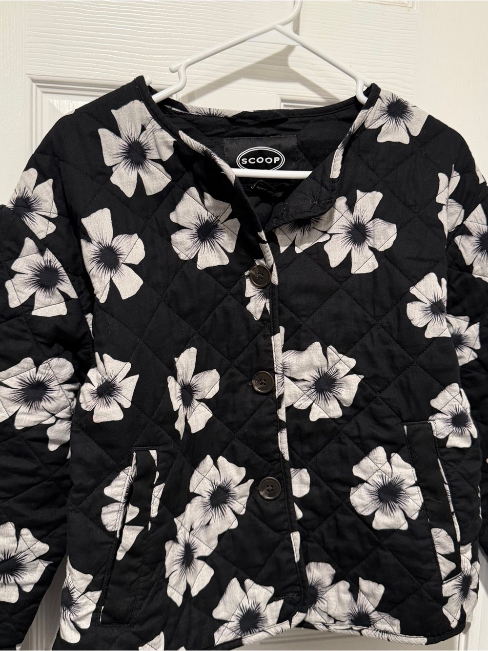 Scoop Floral Quilted Jacket L 12-14 Black White Cotton Button Front